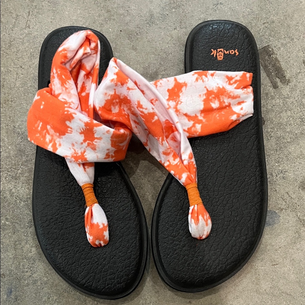 Sanuk Black and Orange Tie-Dye Sandals